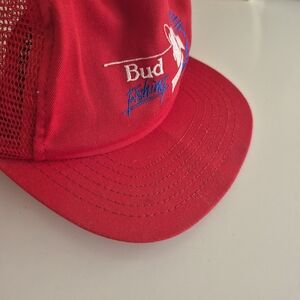 Vtg Bud Budweiser Red Mesh Fishing Hat Trucker Snapback Hat Adjustable Adult Sz